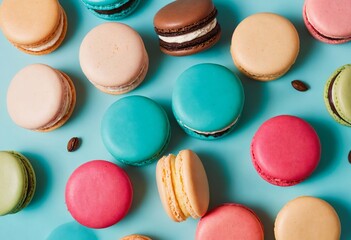 Cake macaron or macaroon on turquoise background, top view, colorful almond cookies in pastel...
