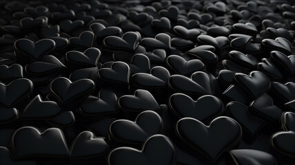 Black abstract 3D hearts and shapes background texture.