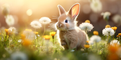 Easter gray cute bunny  in the grass and flowers with raised paw, background, copy space