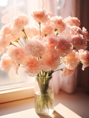  a vase full of pink carnations sitting on a window sill in front of a window sill with the sun shining through the window behind the flowers.