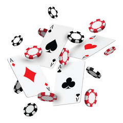 Falling 3d pokers cards with black and red casino chips on white background vector