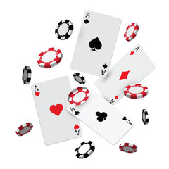 Black and red 3d casino chips with poker cards vector on white background