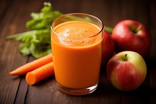  a glass of carrot juice next to two apples and a bunch of carrots on a wooden table with lettuce, celery, and carrots.