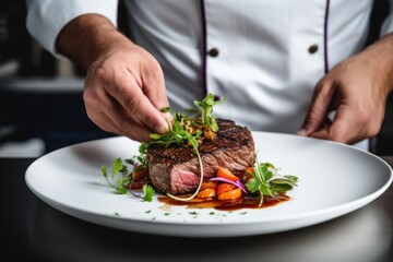  a chef is garnishing a piece of steak with a garnish on top of lettuce, carrots, and other vegetables on a white plate. - obrazy, fototapety, plakaty