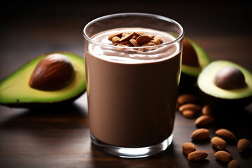  a chocolate smoothie with almonds and an avocado on the side on a wooden table with a half of an avocado and half of an avocado in the background.