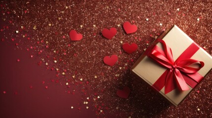 Valentines day background banner on pink and red glitter with gifts box, red and pink hearts background