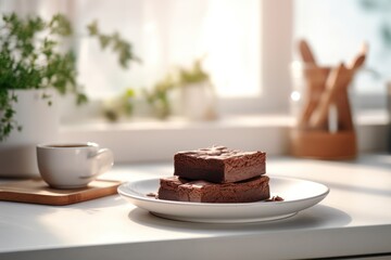  a plate of brownies sitting on a table next to a cup of coffee and a potted plant on a window sill with sunlight streaming through the window. - obrazy, fototapety, plakaty