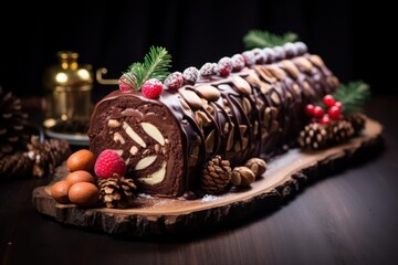 Obraz na płótnie Canvas a piece of chocolate cake sitting on top of a wooden cutting board next to pine cones and a pine cone on top of a piece of wood with berries and pine cones.