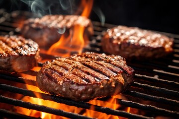  a close up of steaks cooking on a bbq grill with flames and smoke coming out of the top of the grill and the steaks being grilled. - obrazy, fototapety, plakaty