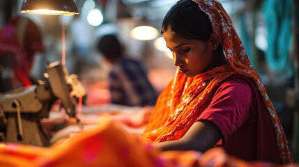 Girl from Bangladesh using a sewing machine for making fast fashion in a factory