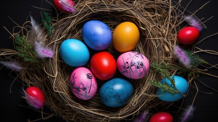 Fototapeta na wymiar a bird's nest filled with colored eggs on top of a black background, with feathers scattered around the eggs and one of the eggs has been painted with pink and blue.