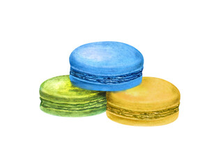 Traditional French macaroons. Colorful Almond cookies, macaron cake. Blue, green and yellow sweet dessert. Watercolor illustration. For package, menu, recipe, label