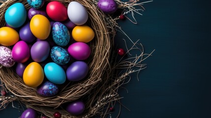 Fototapeta na wymiar a bird's nest filled with colored eggs on a blue and black background with red and purple speckled eggs in the center of the nest, on a dark blue background.