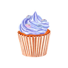 Cupcake decorated with blue whipped cream and meringue. Baked meringue cookies or meringa. Muffin in paper wrapper. Mousse. Fruity taste. Watercolor illustration. For package, menu