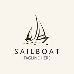 Sailboat vintage logo minimalist with wave, travel yacth or sailing boat vector design