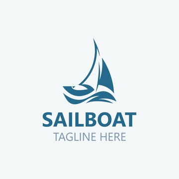 Sailboat vintage logo minimalist with wave, travel yacth or sailing boat vector design