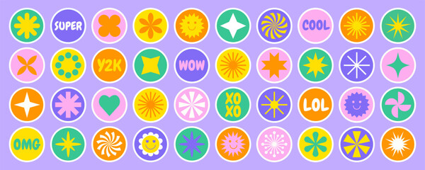 Y2K sticker pack. Cool abstract shapes icon set. Trendy retro groovy patches. Cartoon aesthetic vector illustration.