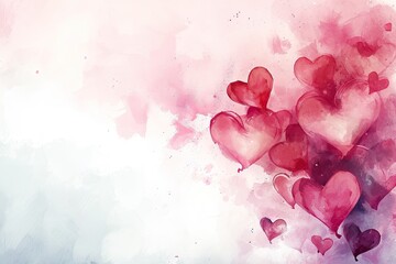 Watercolor love hearts arranged on canvas with watercolor liquid texture. Happy Valentine's Day. 