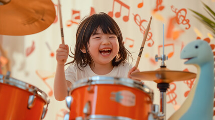 Joyful child playing drums with bright laughter, musical notes background, promoting creativity and fun in learning music.
