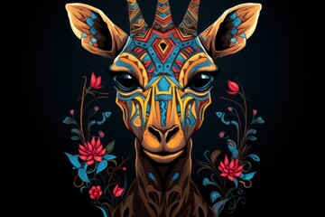  a giraffe with a colorful pattern on it's face and flowers around it's neck, on a black background with a floral border around the neck.