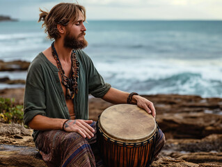 A bearded young man sits on a coastal reef, playing a drum, creating rhythmic music. He embodies travel, vacation, music production, and relaxation