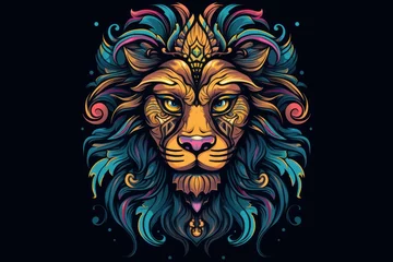 Poster  a lion's head with a colorful pattern on it's chest and a blue, yellow, green, red, and orange mane on its face on a black background. © Shanti