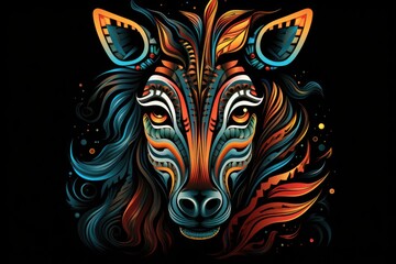  a painting of a wolf's head on a black background with swirls and dots in the shape of a wolf's head with orange, blue, red, yellow, orange, yellow, and blue, and red, and black colors.