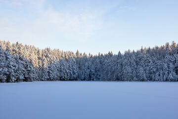 Very cold  January winter day scenery (-21ºC). Sun is shining just above horizon. 