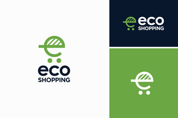 Fresh Leaf with Shopping Cart Letter E for Eco Friendly Shop Store Market Business Logo Design - obrazy, fototapety, plakaty