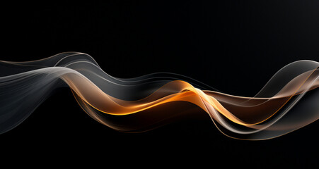 Néon effet flou, fumée, vague en mouvement, doré, orange et blanc sur fond noir. Pour conception graphique, bannière.
