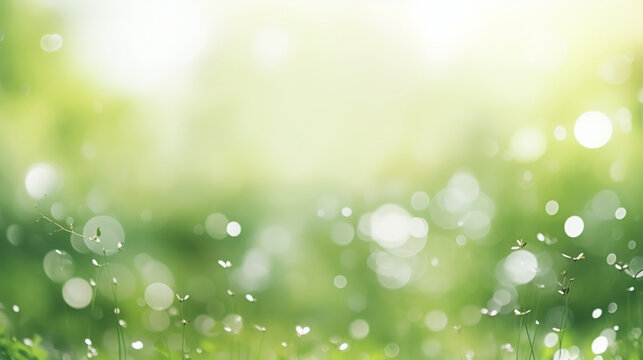 Fond vert clair avec particules de lumi&egrave;res blanches. Arri&egrave;re-plan de flou et lumi&egrave;re &eacute;clatante. &Eacute;t&eacute;, printemps. Espace vide pour conception et cr&eacute;ation graphique.