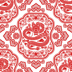 Seamless pattern happy chinese new year 2024 the dragon zodiac sign with asian elements paper cut style on color background. ( Translation : happy new year 2024 year of the dragon )