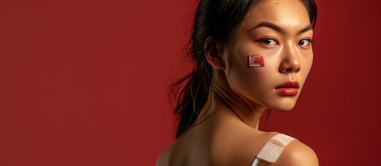 Fototapeta premium COVID-19 vaccine campaign featuring a healthy young Asian woman showcasing a bandaid on her shoulder, promoting vaccination.