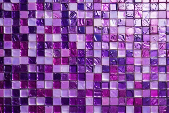  a close up of a wall made of purple and purple glass tiles on the side of a building with a purple and purple pattern on the side of the wall.