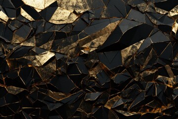  a close up of a black and gold wallpaper with lots of small pieces of broken glass on top of it and a clock in the middle of the middle of the wall. - obrazy, fototapety, plakaty