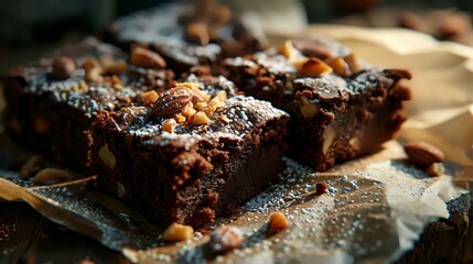 chocolate brownies with nuts on a dark wood background. tinting. selective focus - obrazy, fototapety, plakaty