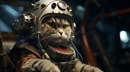 Fototapeta na wymiar A cat wearing a space helmet is sitting in a spaceship.