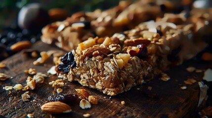 Homemade granola bars with nuts and raisins on a wooden background