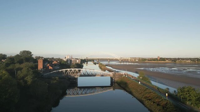 Manchester Ship Canal, Runcorn and Silver jubilee Bridge, Cheshire, England, slow approach