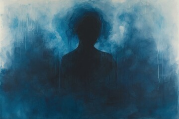 Dark silhouette of a lonely person, dark clouds around head, blue, doom, desolation, darkness, emptiness