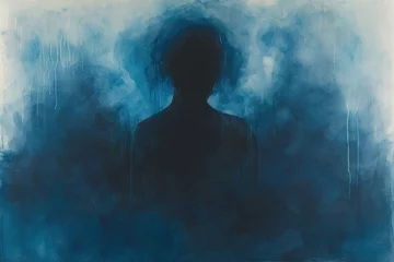Foto op Canvas Dark silhouette of a lonely person, dark clouds around head, blue, doom, desolation, darkness, emptiness © Teppi