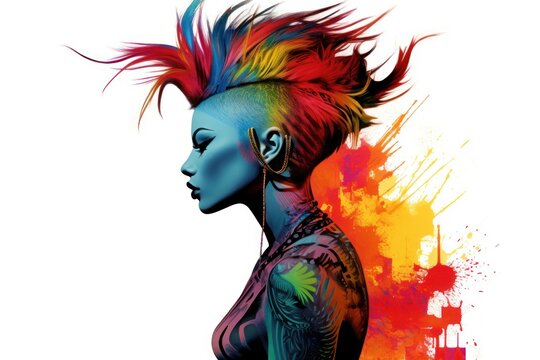  a woman with colorful hair and piercings standing in front of a red, yellow, and blue paint splattered background with a splash of paint on her face.