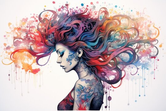  a painting of a woman's head with a lot of colorful paint splatters on her body and her hair blowing in the wind and her eyes closed.