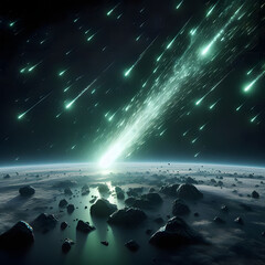 Atmospheric meteor shower over the earth during a time-lapse. Green hue showing the meteor's metallic mix, igniting as the rock enters Earth's atmosphere, with the surface of the earth below.