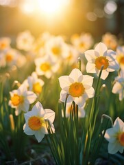 a field of white and yellow daffodils with the sun shining through the clouds in the background and the grass in the foreground in the foreground.