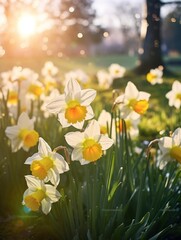  a field of white and yellow daffodils with the sun shining through the trees in the backgrouund of the picture, with the sun shining through the daffodils.