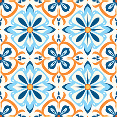 Fototapeta na wymiar Moroccan style seamless pattern with blue and orange flowers on light background. Mediterranean floral tile design for ceramic tiles, fabric, textile, home decor, stationery, scrapbooking, decoupage