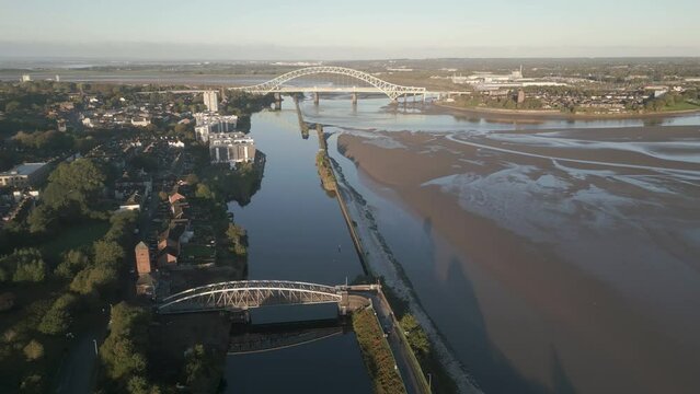 Town of Runcorn, Silver jubilee Bridge, Cheshire, England, orbit view