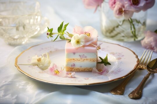  a piece of cake sitting on top of a white plate next to a fork and a glass vase with pink and white flowers on top of a white table cloth.