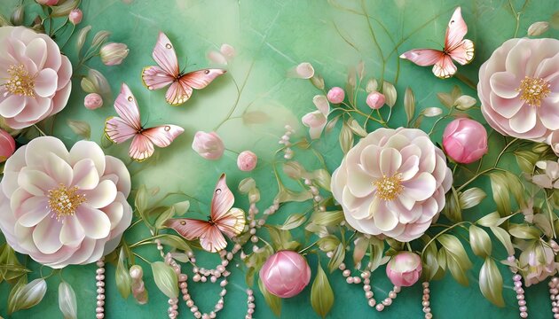 beautiful floral mural horizontal green backdrop with pink pearls flowers and butterflies decoration wall art generative ai